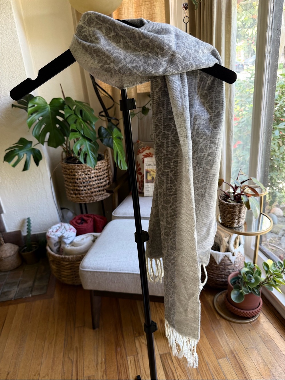 Calvin Klein Gray & Cream Logo Fringe Scarf Wrap